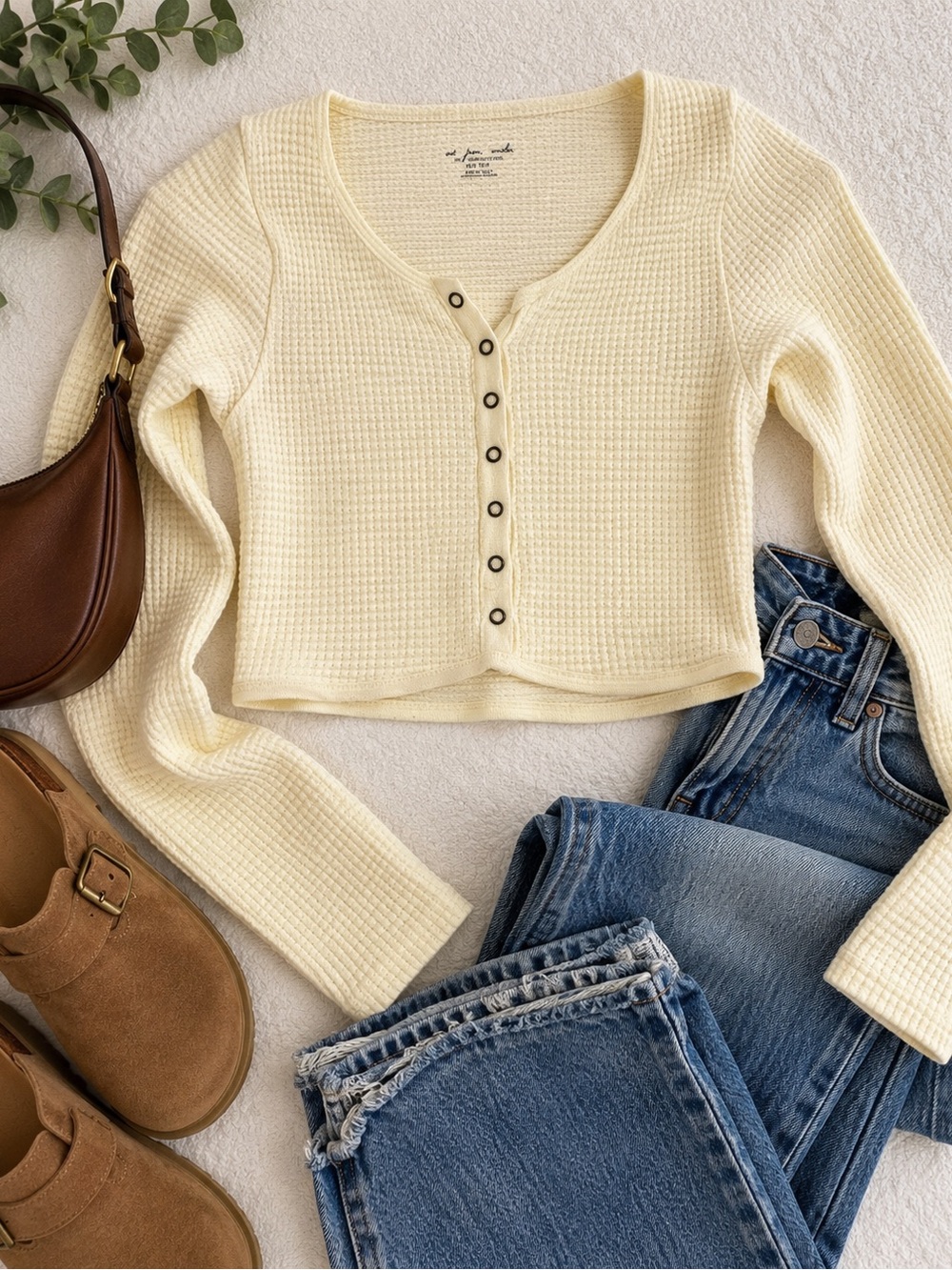 Urban Outfitters Soft Cream Waffle Henley Crop Long Sleeve